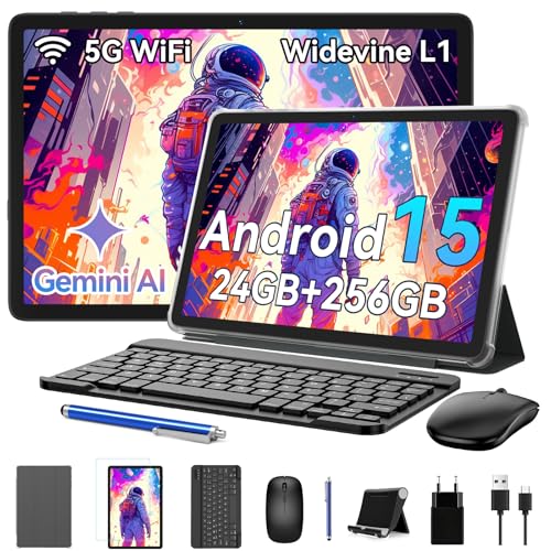 KINGRID T20 Android 15 Tablet com teclado e lápis, 24 GB + 256 GB/2 TB Tablet de 10 polegadas Octa-Core, 5000 mAh/Widevine L1/colunas duplas/WiFi 5/8 MP+ 5 MP/Face ID tablet grande de