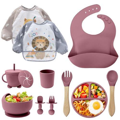 Conjunto de louça para bebé, conjunto de 12 peças pratos para bebé com ventosa, talheres para bebé, bebé Led Weaning, talheres infantis, colher de bebé, babete de silicone para bebé, prato de silicone