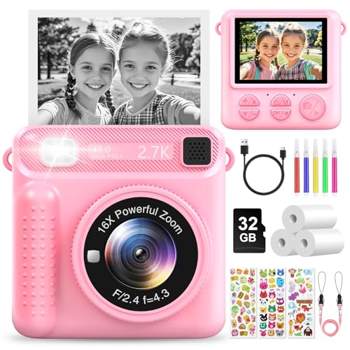 LUVTOY Câmara fotos infantis instantâneas, 2,4 polegadas câmara instantânea crianças com cartão de 32 GB e papel de impressão, 1080 P câmara de fotos infantil presentes de brinquedo para crianças de 3
