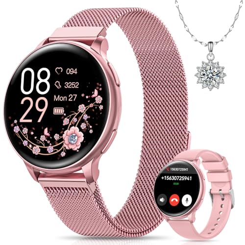 Sanorum Relógio inteligente mulher com chamadas, 1,27'' Smartwatch mulher função feminina, 120 modos desportivos, 24H pulsómetro, SpO2, monitor de sonho, podómetro, calorias, IP68 iOS Android rosa
