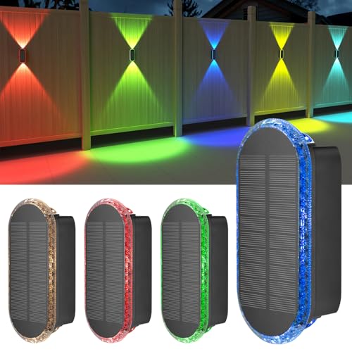 ELLASAY Aplique parede solar exterior, RGB candeeiros solares exteriores acima abaixo IP65 impermeável, 7 cores brilhantes luzes solares exterior jardim sem fios de pátio cobertura cerca 4 pack