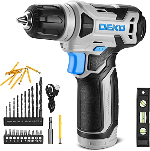 DEKOPRO Broca de parafuso 8 V, broca sem fio, com 10 mm porta-abotoaduras, luz LED, cabo de carregamento tipo C, acessórios de 42 peças, broca elétrica para perfuração e apertar/soltar parafusos