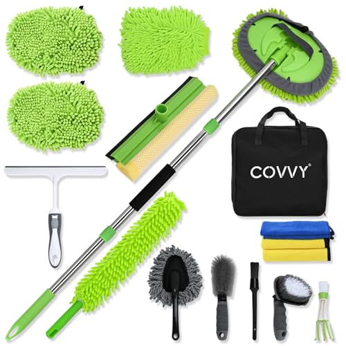 COVVY Kit de limpeza de carro de 14 peças, cabeça de esfregona de lavagem de carro de 62 polegadas com cabo longo, luva de esfregona de lavagem, raspador de janelas, pano de limpeza suave, espanador,