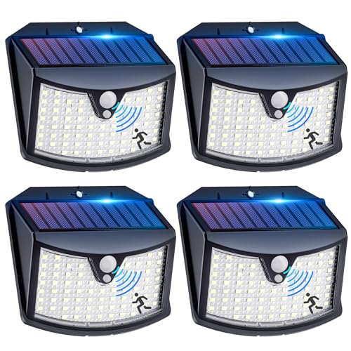 Luz solar exterior: 4 pacotes: 3 modos de luz solar exterior e jardim com sensor de movimento, IP65 impermeável holofotes LED exteriores solares para jardim, garagem, rua, pátio, caminhos, portas