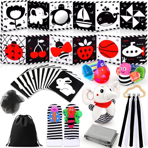 Perbabe Brinquedos para bebés, 31 peças preto branco livro bebé contraste livros de tecido 0-12 meses brinquedos montessori com preto e vermelho livros brancos, bebés pulseira, Tummy Time Toys para