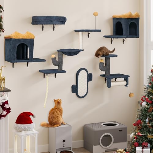 YITAHOME 7 peças prateleira de escalada para gatos montada na parede, móveis de parede de madeira para gatos árvore para gatos com casa / rede para gatos/bola suspensa, cinzento escuro e amarelo