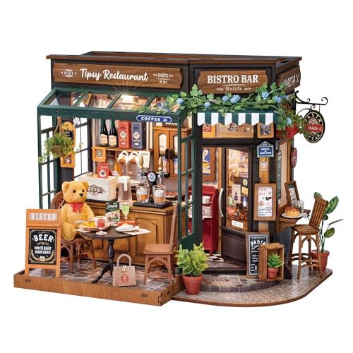 Rolife Casa de bonecas restaurante Tipsy DIY kit de casa em miniatura kit de café em miniatura modelo de decoração interior presente de aniversário para crianças e adultos