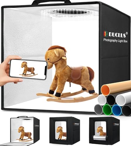 Caixa de luz com fotografia 30 x 30 cm, DUCLUS Kit estúdio fotográfico com 112 luzes LED ajustáveis, 6 fundos para produtos com fotos jóias/cosméticos/alimentos