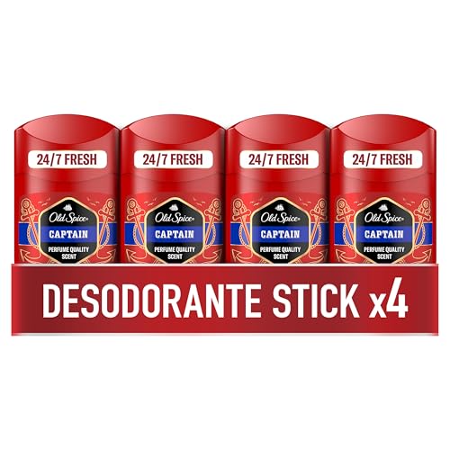 Old Spice Captain Desodorante em barra para homens 4 x 50 ml, fresco 24 horas, todos os dias com uso diário, perfume duradouro, proteção contra o mau odor, 0% sais de alumínio