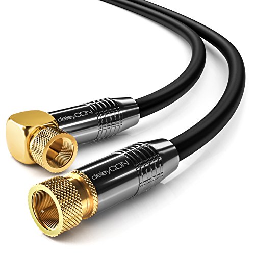 deleyCON 20 m SAT Cabo de antena cabo de satélite cabo coaxial 100 dB HDTV Full HD - Conector F 90 ° graus em ângulo em conector F reto - conector metálico - preto
