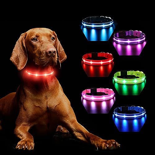 Coleira luminosa para cão recarregável, coleira de luz para cão para escuro 7 cores 8 modos de pisca, ajustável impermeável coleira LED para cães grandes, médios e pequenos, vermelho - L