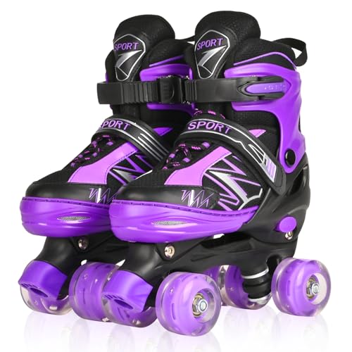 Patins para meninos e meninas, ajustáveis em 4 tamanhos para meninos e iniciantes com rodas iluminadas, patins de rodas violeta e branco para desportos