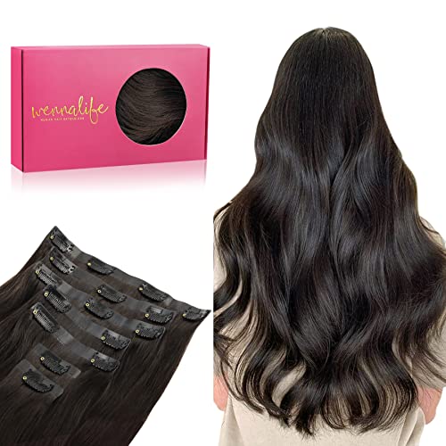 WENNALIFE Clip In Extensões de clipe sem costura de cabelo natural, castanho escuro 50 cm 150 g 7 peças sem costuras extensões de cabelo natural grampo extensões de cabelo Remy humano natural