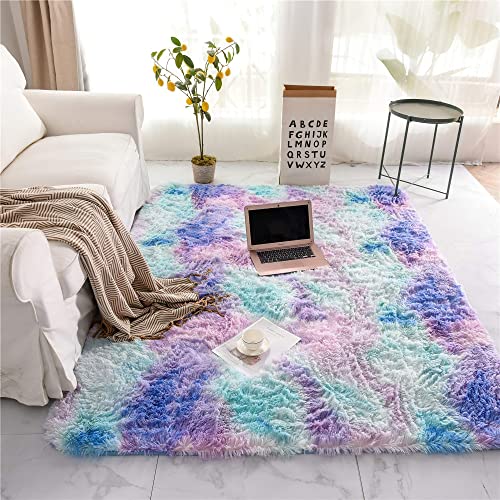 ROHATIM Tapetes de sala grandes pelo comprido tapete de quarto quarto lavável tapete antiderrapante muito macio para sala de estar ou quarto, tapete esponjoso de cama (azul roxo, 200 x 300 cm)
