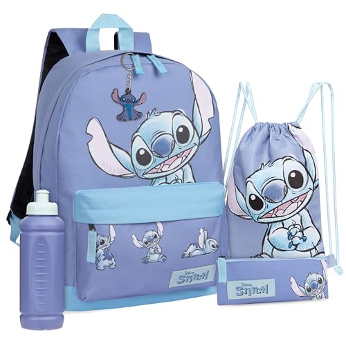 Disney Stitch Set 5 peças mochila, saco, estojo, garrafa e porta-chaves para meninas, azul, Talla única, Conjunto de mochila escolar