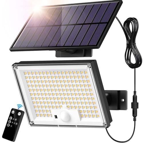 SIGRILL Focos solares exteriores, 172 LED luz solar exterior com sensor de movimento de 3 modos, IP65 candeeiro solar com controlo remoto, 6000 K luz solar exterior jardim garagens