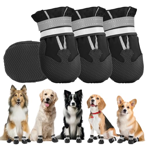 QKURT 4 peças protetor da pata das botas do cão, botas para cães, sapatos impermeáveis para cães com correias refletoras, lavável ajustável antiderrapante sapatos de cão para pequeno