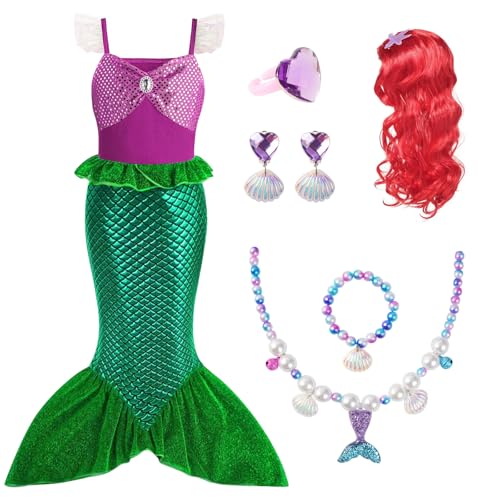 AOOWU Disfarce sereia menina, disfarce princesa menina de desenhos animados, vestido princesa menina com peruca colar brincos acessórios, disfarce menina Halloween cosplay aniversário carnaval festas