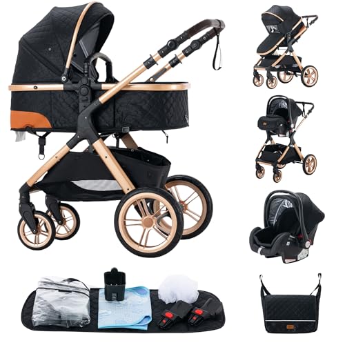 ALYIKOU Carrinho de bebé 3 em 1, com berço desmontável e assento carrinho de bebé dobrável carrinho de bebé sacos de fraldas, mosquiteiros, capas de chuva, porta-copos