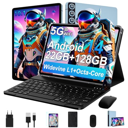 ZIOVO Tablet Android de 10 polegadas, 22 GB RAM+128 GB ROM (TF 1TB), 5G WiFi/Widevine L1/Octa-Core/8000 mAh/corpo metálico/8 + 5 MP/BT 5.0/Tablet 2 em 1 com teclado Lado e rato - Azul