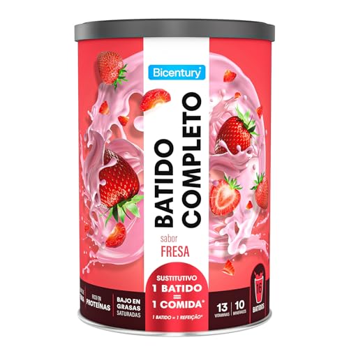 Bicentury Batido completo substitutivo de comida sabor morango, rico em proteínas, baixo em gordura, um batido é igual a uma refeição completa, 436 g, 16 porções