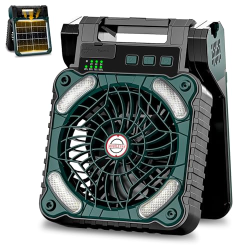 Sendowtek Ventoinha solar, ventilador de bateria recarregável USB 10400 mAh, ventilador com painel solar potente com lanterna LED, temporizador, 4 velocidades para ar livre exterior interior