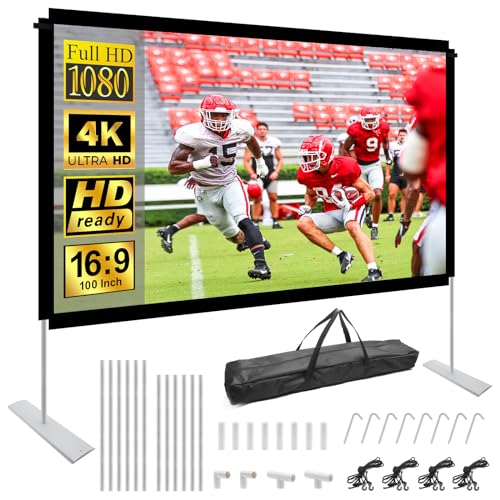 Tela projetor de 100 polegadas, HOPFROG tecido projetor com suporte lavável 16:9 4 K Full HD Projector Screen anti-rugas tela de lona, projetor portátil dupla face para cinema pátio casa exterior