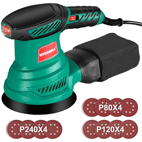 HYCHIKA Lixadeira orbital de 300 W, lixadeira rotorbital com motor de cobre puro, 6 velocidades, 13000 RPM, 12 peças lixa de 125 mm (240/120/80 grão), com bolso lavável de recolha, para Lixadeira jar