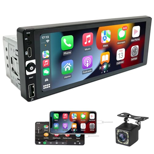 Rádio carro Bluetooth 1 DIN com Carplay e Android Auto - ecrã tátil de 6,86 polegadas automático, ecrã 1 DIN suporte Mirror Link para iOS/Android com câmara de apoio