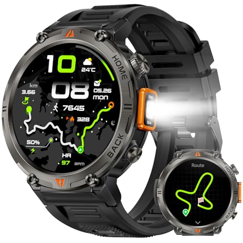 GPS militar relógio inteligente homem com lanterna LED, 1,45'' 3ATM impermeável Smartwatch homem com chamadas Bluetooth, Fitness Tracker com bússola/110 modos desportivos/SpO2/pulsómetro, iOS Android