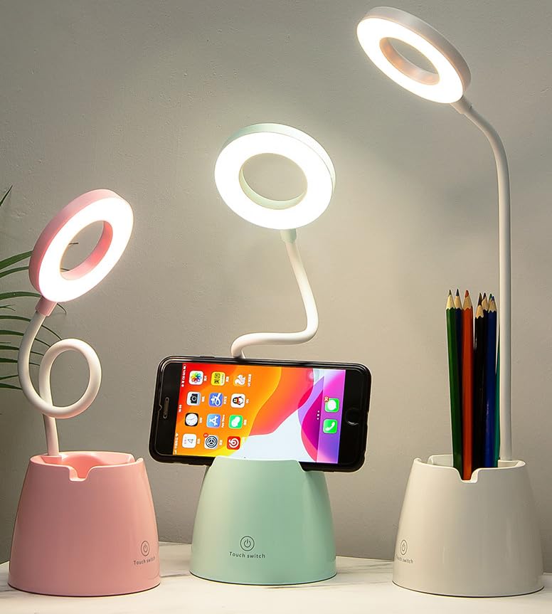 Candeeiro LED de mesa com suporte para telemóvel, 3 modos de luz com variação de luminosidade, base de suporte para ápices, recarregável com adaptador incluído. (branco)