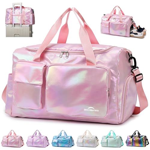 ZIOISNM Saco desportivo de mulher, saco de viagem impermeável com compartimento para sapatos, Gym Bag multiusos para viagens, natação e ginásio, 48 x 21 x 28 cm, ROSA, Mudança de cor Aurora Borealis