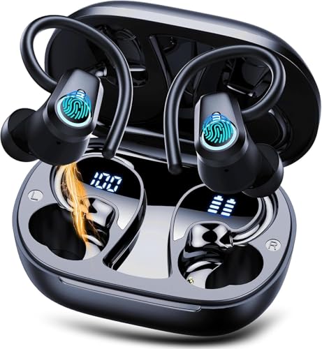 Auriculares sem fios desportivos, auriculares Bluetooth 5.3 com HD Mic HiFi estéreo, 50H capacetes sem fios Bluetooth com cancelamento de ruído ENC, ecrã LED, IP7 impermeável capacetes para corrida