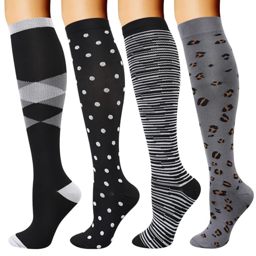 DRESHOW 4 Pares Calcetines de Compresión para Mujeres y Hombres Circulatorio Mejor Soporte para Atletismo, Running, Ciclismo, Viajar
