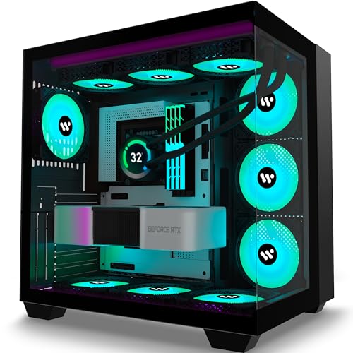 KEDIERS Capa PC com 9 ventoinhas ARGB pré-instaladas, torre média ATX para jogar, com vidro duplo temperado e ecrã completo, modelo H9, cor preta.