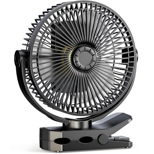 GOBRILLFUN Ventoinha de clip com bateria de 12000 mAh, recarregável por USB, gancho, 4 velocidades, miniventilador portátil para escritório, campismo, viagens ao ar livre, armário de cultivo, loja