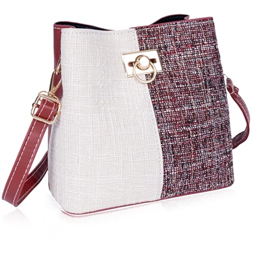 Larcenciel Bolsa de tiracolo para mulher, bolsa Bucket borgonha de pele de poliuretano (PU) com bolsa de ombro ajustável, mala cruzada mulher com vários bolsos, mala de mulher moderna para viagens