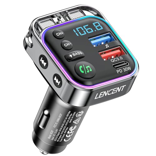 LENCENT Transmissor FM Bluetooth 5.3, adaptador Bluetooth para carro com carregamento rápido PD 30 W & QC3.0, carregador de carro com alta fidelidade música agudos, chamadas mãos livres