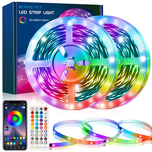 Bonve Pet Tiras LED, luzes LED para quarto de 12 m, controlo APP e controlo de 40 teclas, tiras LED RGB, faixa LED Bluetooth musical com modo temporizador, Led Strip para casa cozinha festa Gaming