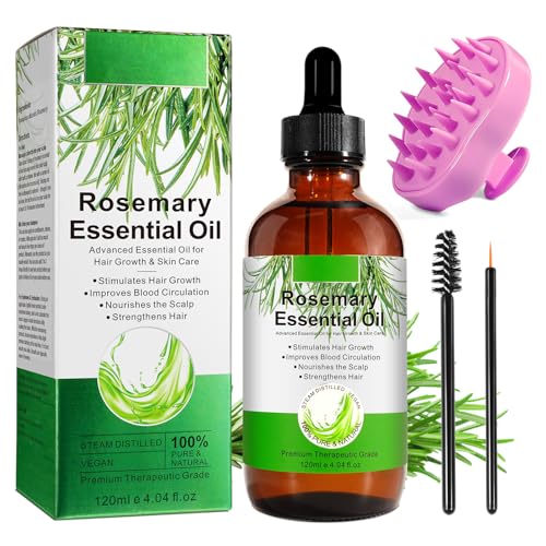 óleo de alecrim para o crescimento do cabelo 120 ml com massajador de couro cabeludo, óleo essencial de alecrim 100 % puro para pestanas, sobrancelhas, rosto, cuidados com a pele, massagem corporal