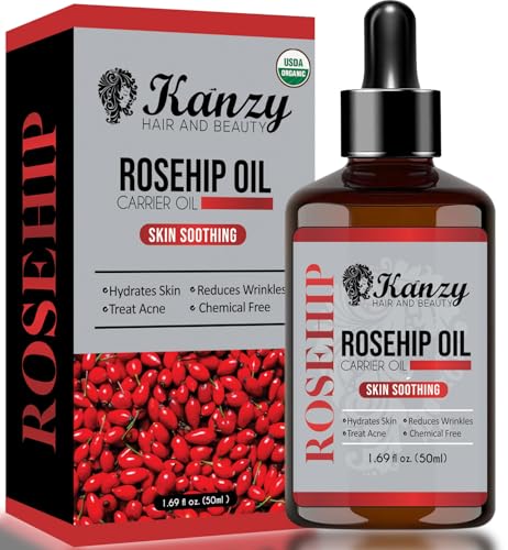 Kanzy Óleo de rosa 100 % 50 ml orgânico prensado a frio bio sem refinar rosa mosquiteira para cicatrizes e estrias, usado como hidratante para corpo e pele