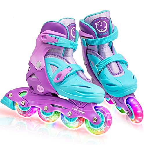 LOCAVUN Patins em linha, 4 tamanhos ajustáveis com rodas que brilham no escuro, patins em linha para crianças para uso interno e externo