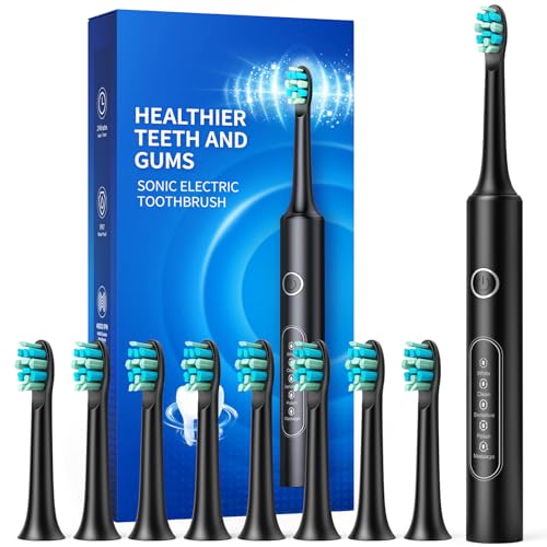 Escova de dentes elétrica recarregável rápida em 4 horas, com duração de 60 dias - escova elétrica para adultos com 8 cabeças, 4000 VPM e 5 modos de escovagem (preto)