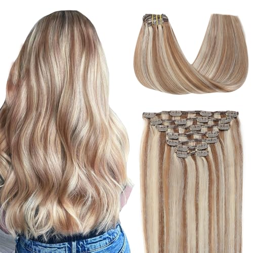 SURNEL Clip Balayage Extensões de cabelo natural 40 cm de 140 g de extensões de cores retas cor Ash Brown Highlight Platinum Blonde pacotes duplos 7 peças extensões de cabelo humano (7 C#8P60-40 cm)