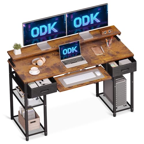 ODK Mesa de computador, mesa com 2 gavetas e bandeja para teclado, mesa de escritório com suporte para monitor, mesa de escritório com prateleira reversível para escritório (castanho)