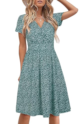 STYLEWORD Vestido de verão para mulher, vestidos florais de manga curta até ao joelho, com bolsos