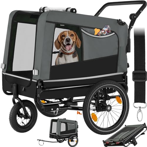tectake® Reboque de bicicleta para cães multifuncionais, carrinho para cães dobrável, carrinho de cão com guidão removível, reboque de bicicleta 240 L, refletores, bandeira, arnês de segurança, carga