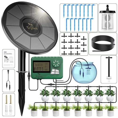 TRJZWA Sistema de rega solar com programador de rega, 2024 novo kit de rega por gotejamento para férias terraços de varandas, vasos de plantas, com 15 m mangueira de rega, 15 micro cabeças de