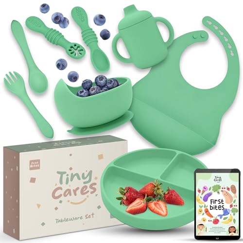 TINYCARES Louça de bebé de silicone segura e sustentável, copo de aprendizagem para bebé, chapelaria Blw para desenvolvimento do motor de bebé, louça infantil, talheres infantis. Inclui guia de