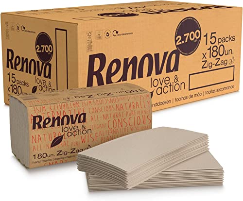 Renova Toalhas secas para mãos Zig-Zag Love&Action | 15 pacotes de 180 unidades, 2,700 unidades, papel Kraft ecológico de 2 camadas, certificado FSC e Ecolabel